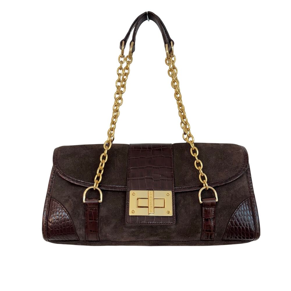 Ralph Lauren Suede Shoulder Bag East West Barrel Bag Croc-Embossed Brown VTG